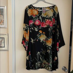 Johnny Was Black Floral Tunic Dress with Pink, Yellow & Green Accents